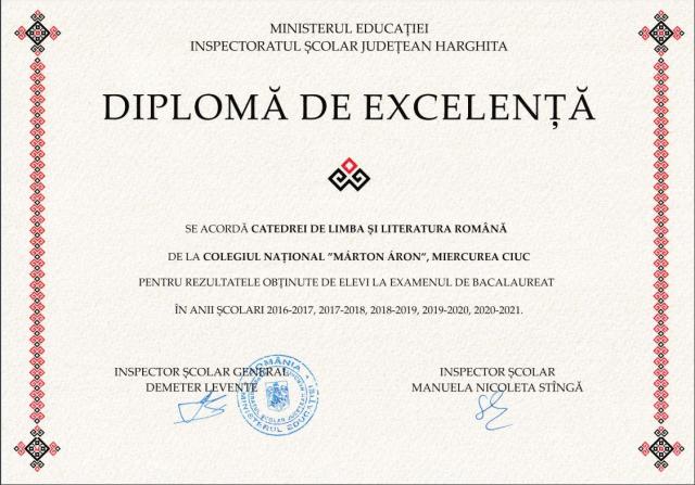 Diplomă de excelență pentru rezultatele obținute la proba scrisă  de  limba și literatură română la  examenele de bacalaureat